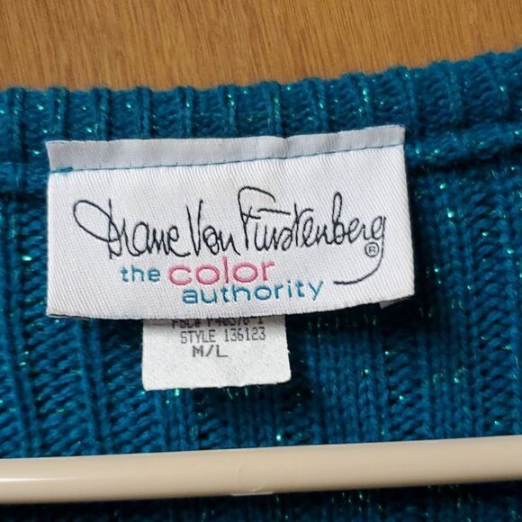 Diane Von Furstenberg Womans Teal Cable Knit Sweater, m/l - Picture 2 of 5